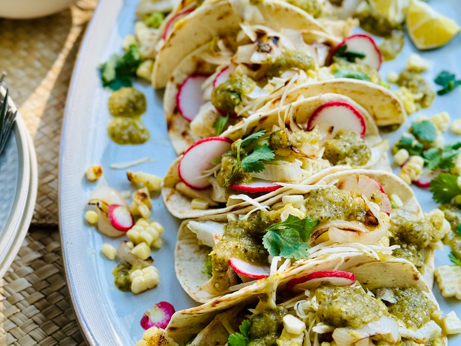 Grilled Fish Tacos with Tomatillo Sauce, Slaw, Charred Onions & Corn