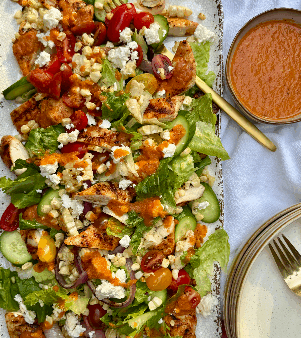 Grilled Chopped Smoky Chicken Salad with Charred Tomato Vinaigrette