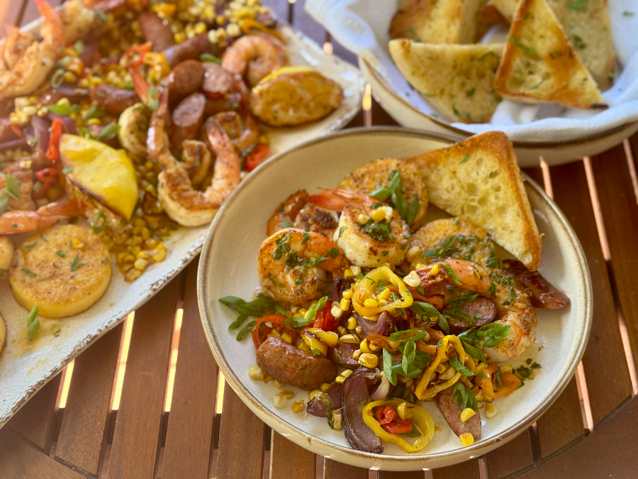 Smoky Low Country Shrimp Sauté with Polenta Cakes